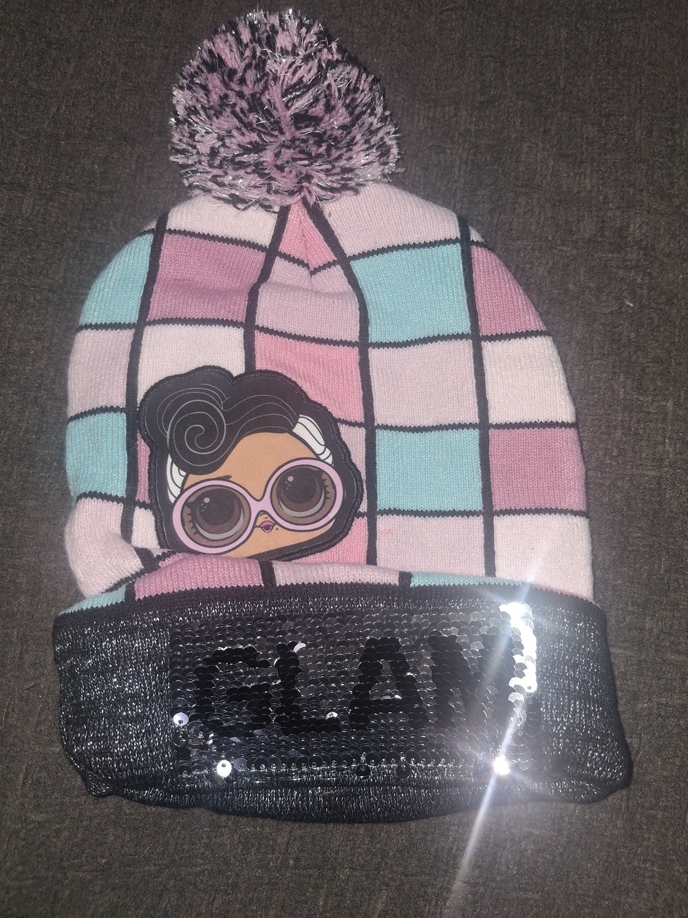 Kids Pink & Blue Plaid Pom Beanie with Sequin Cuff
